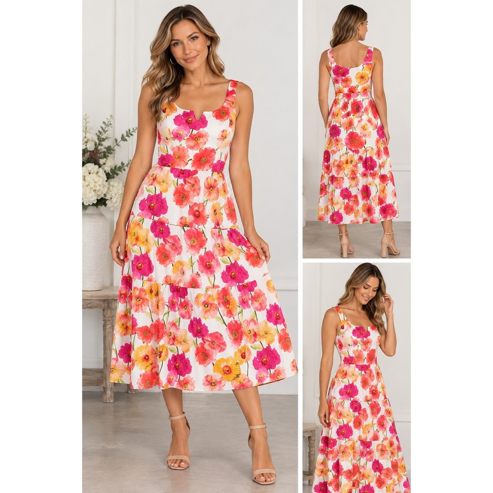 Karl Lagerfeld Paris NWT Floral Tiered Midi Dress Size 12 Pink Orange